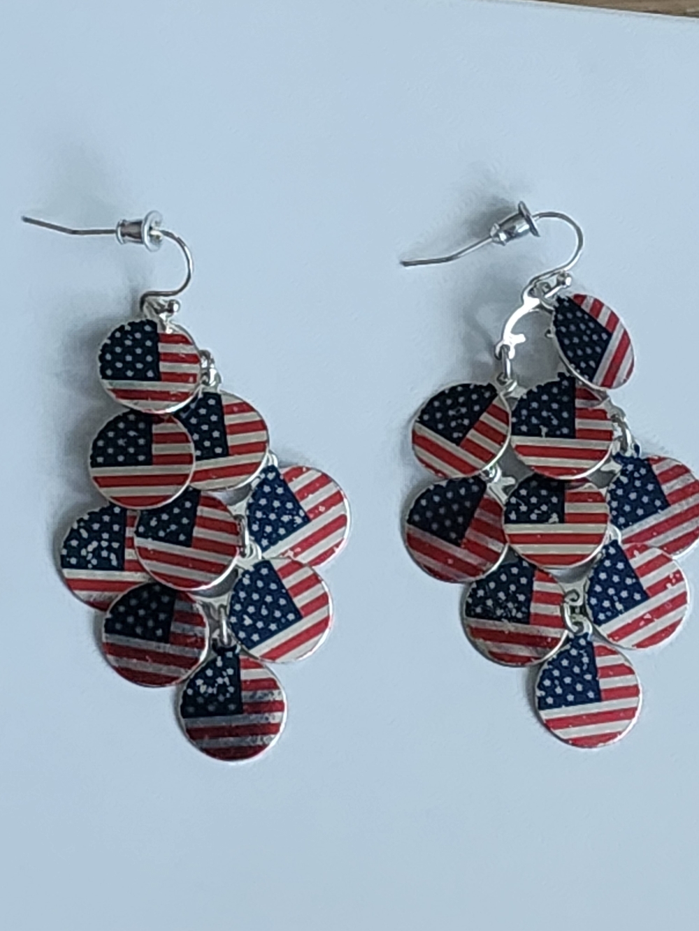 Patriotic Red, White & Blue Dangle Earrings - American Flag Disc Cluster